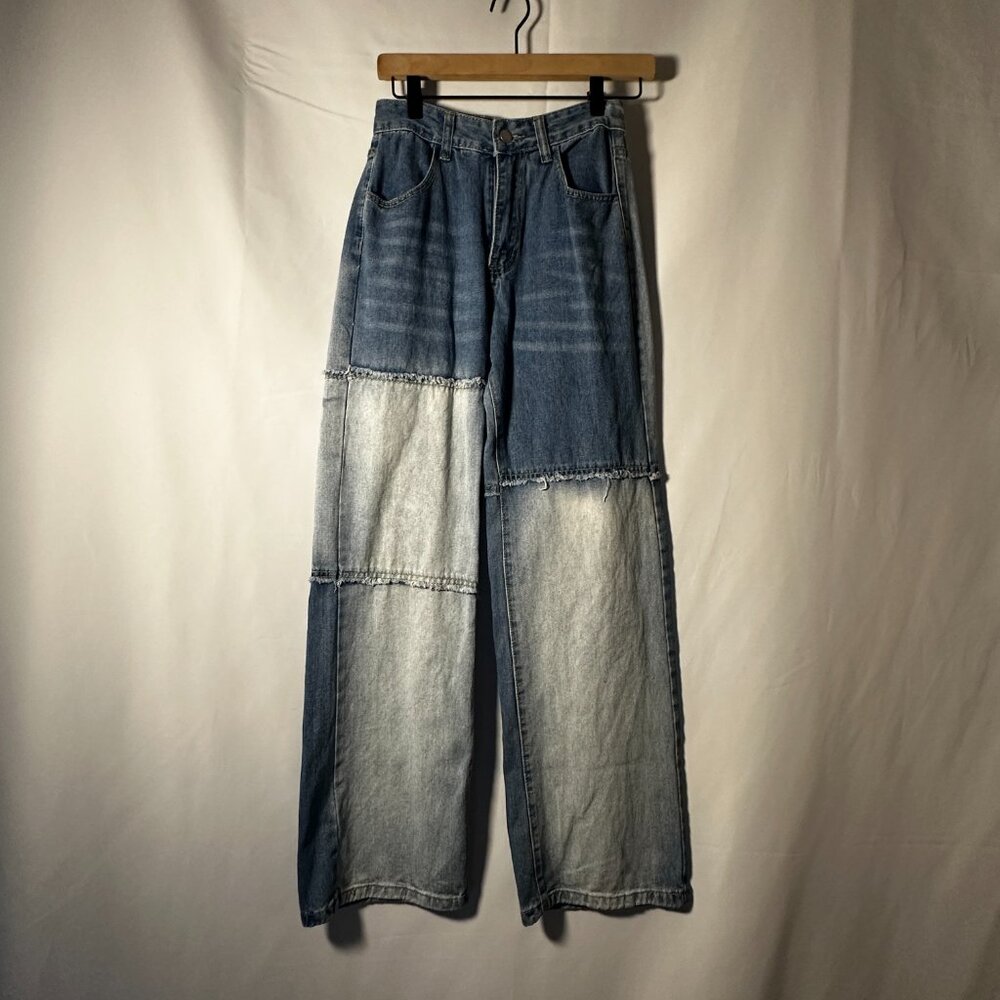Patchwork Wide Leg Jeans XS Two Tone Denim Colorblock Baggy Jeans